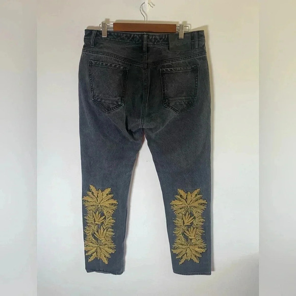 Vintage AKOO Faded Distressed Black Gold Jeans Embroidered Leaf‎ Detail 36 0011 - Picture 6 of 13